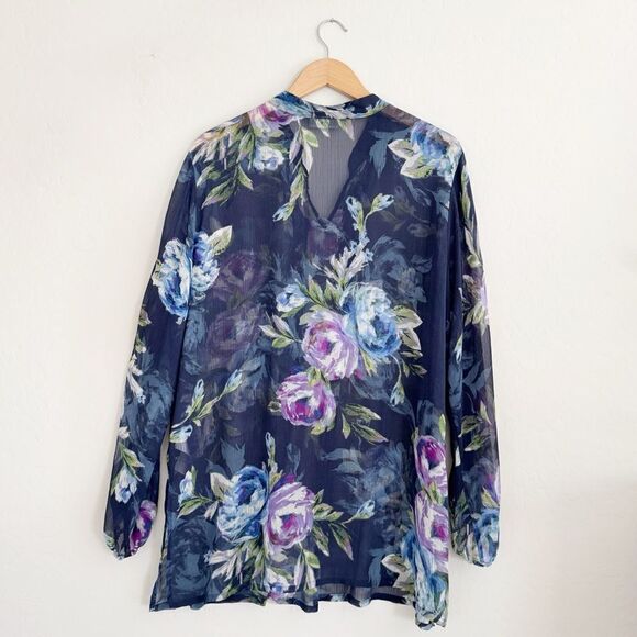 Susan Graver Floral Print Lace Sheer Tunic Blouse Size XL - Picture 4 of 9
